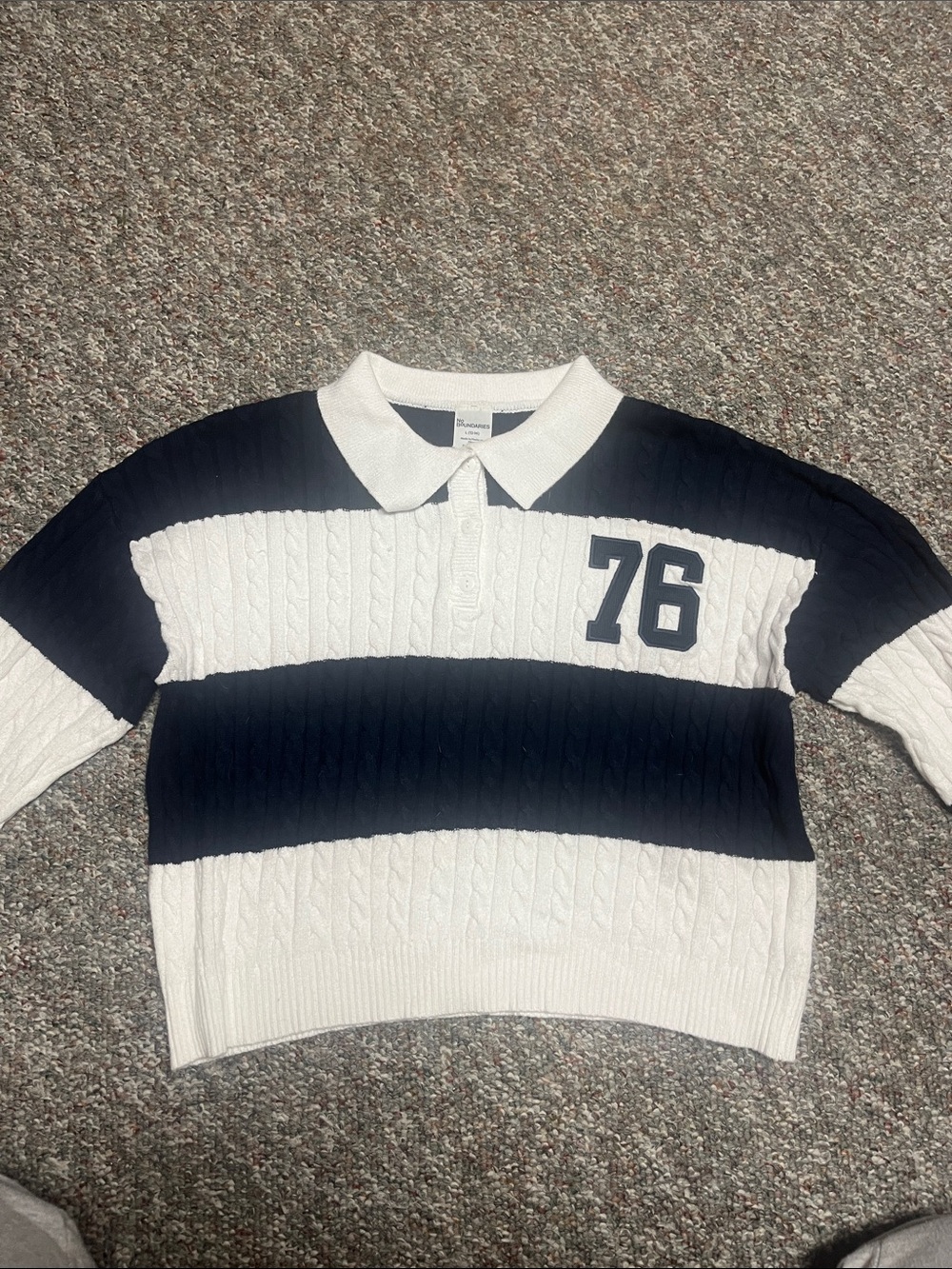 No Boundaries Black and White Striped Cable-Knit Polo Sweater